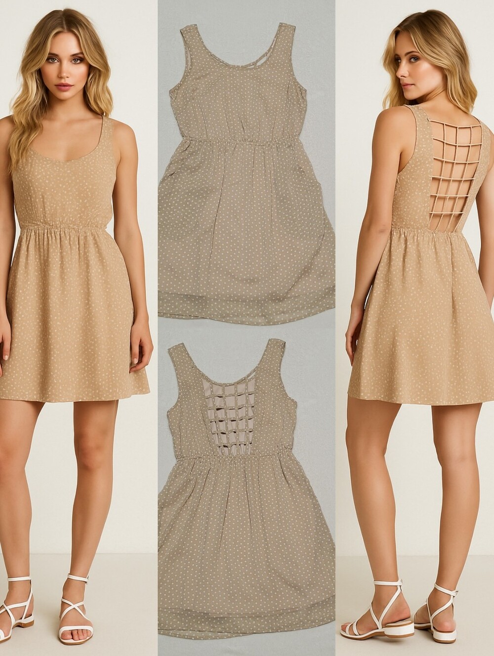 Vintage Band Of Gypsies Tan White Polka-dot Chiffon Cage Back Mini Skater Dress